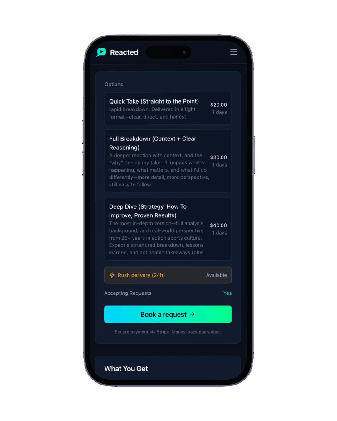 Pricing options — mobile preview of a public Reacted creator profile