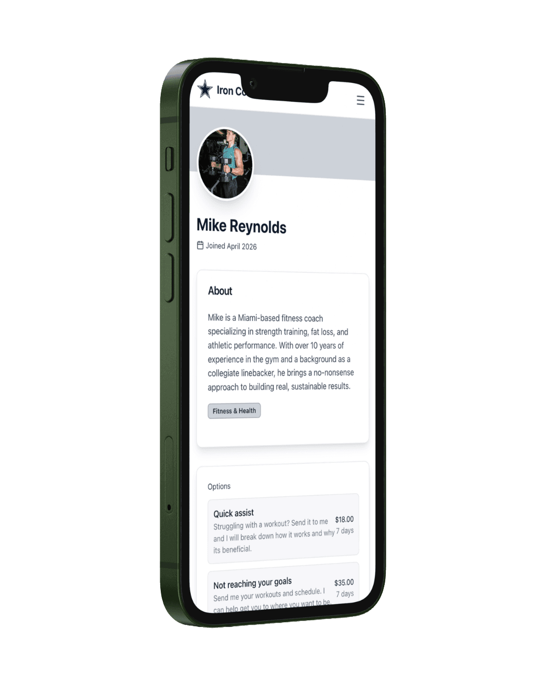 Profile & bio — mobile preview of a public Reacted creator profile